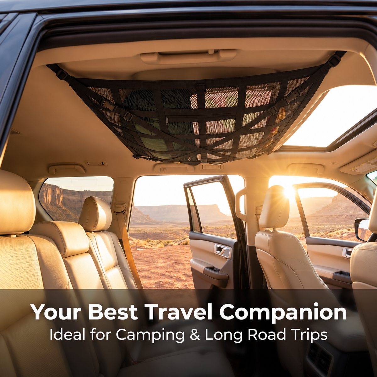 SkyStow car ceiling organizer on a road trip