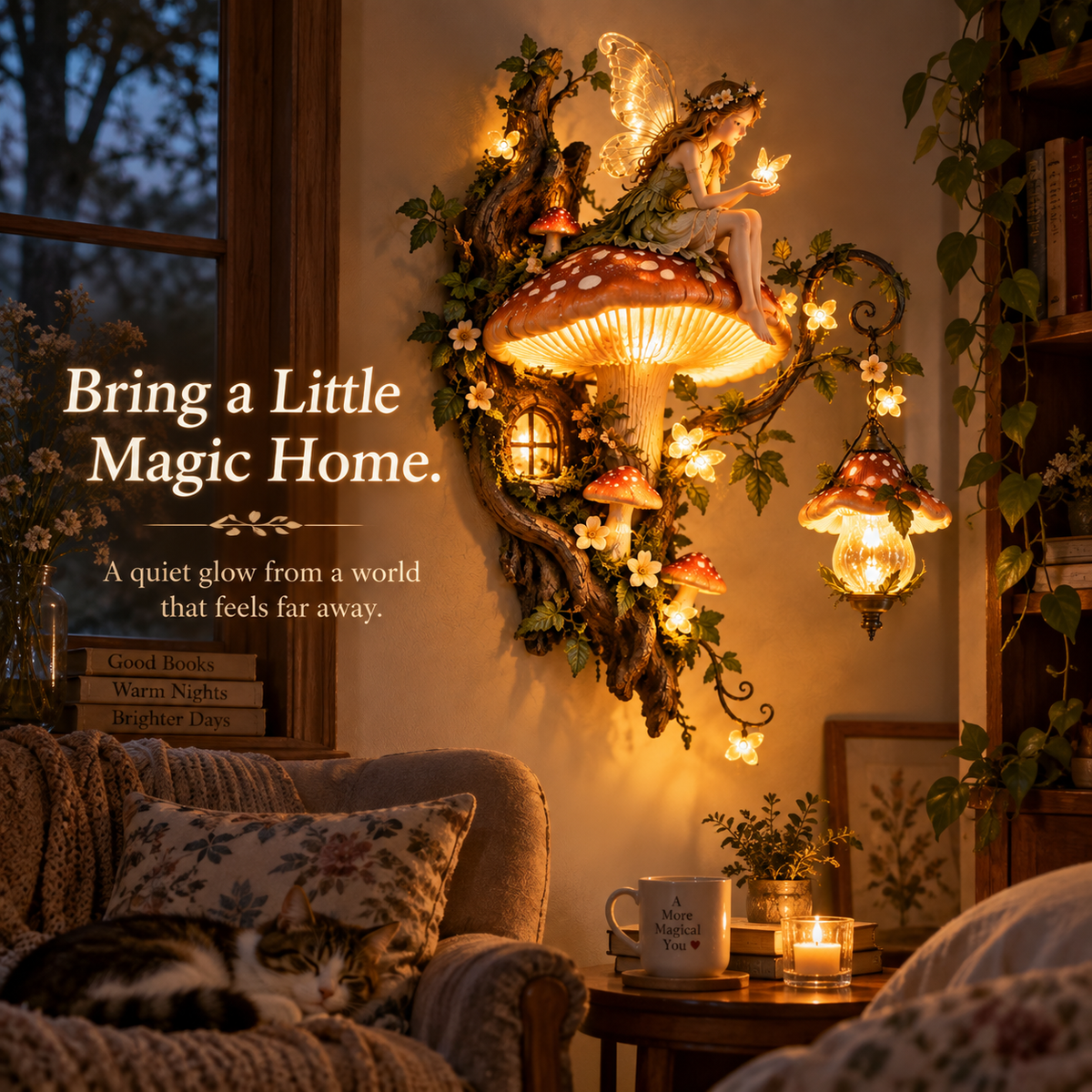 Enchanted Mushroom Fairy Wall Light in cozy reading corner