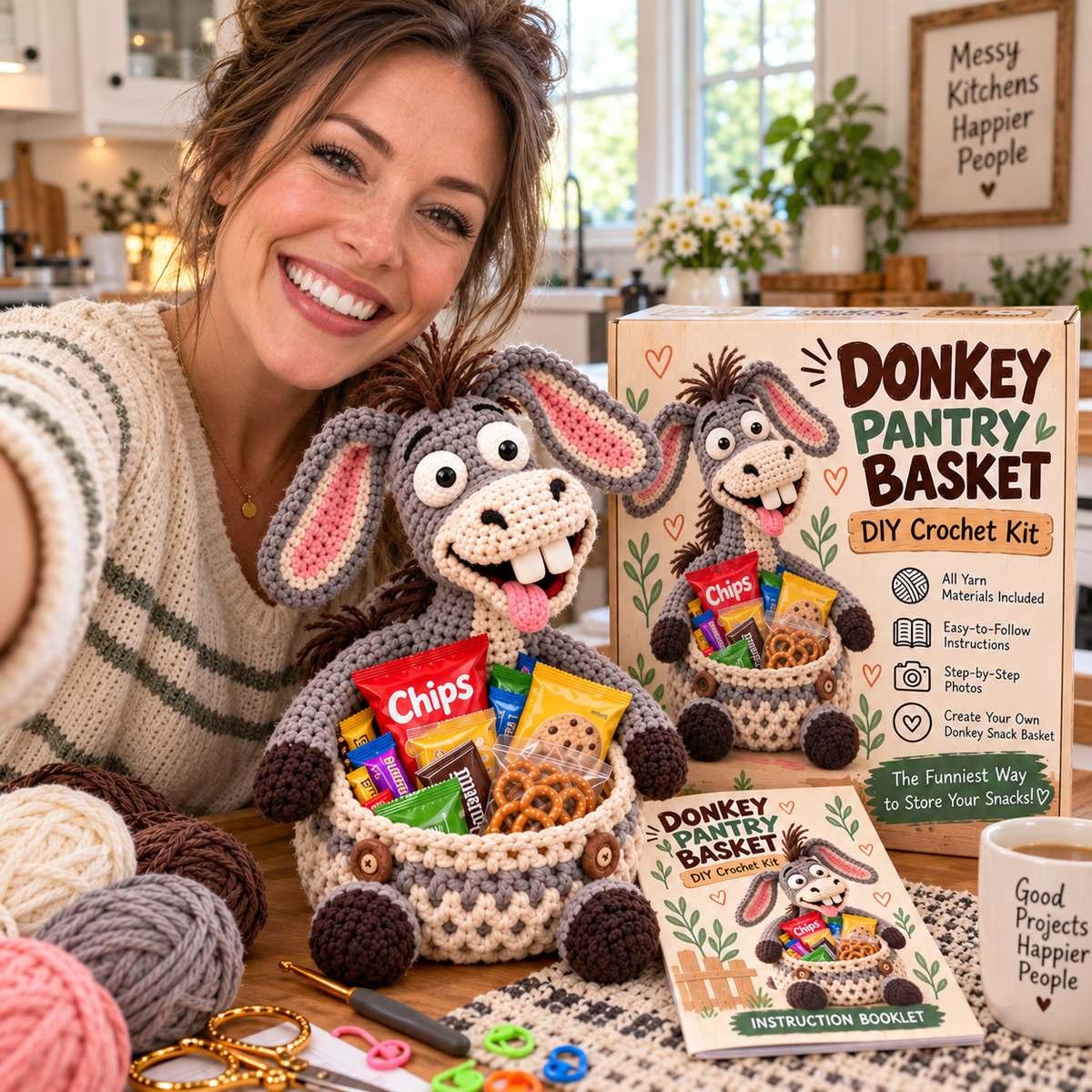 Finished Silly Donkey snack basket in home setting