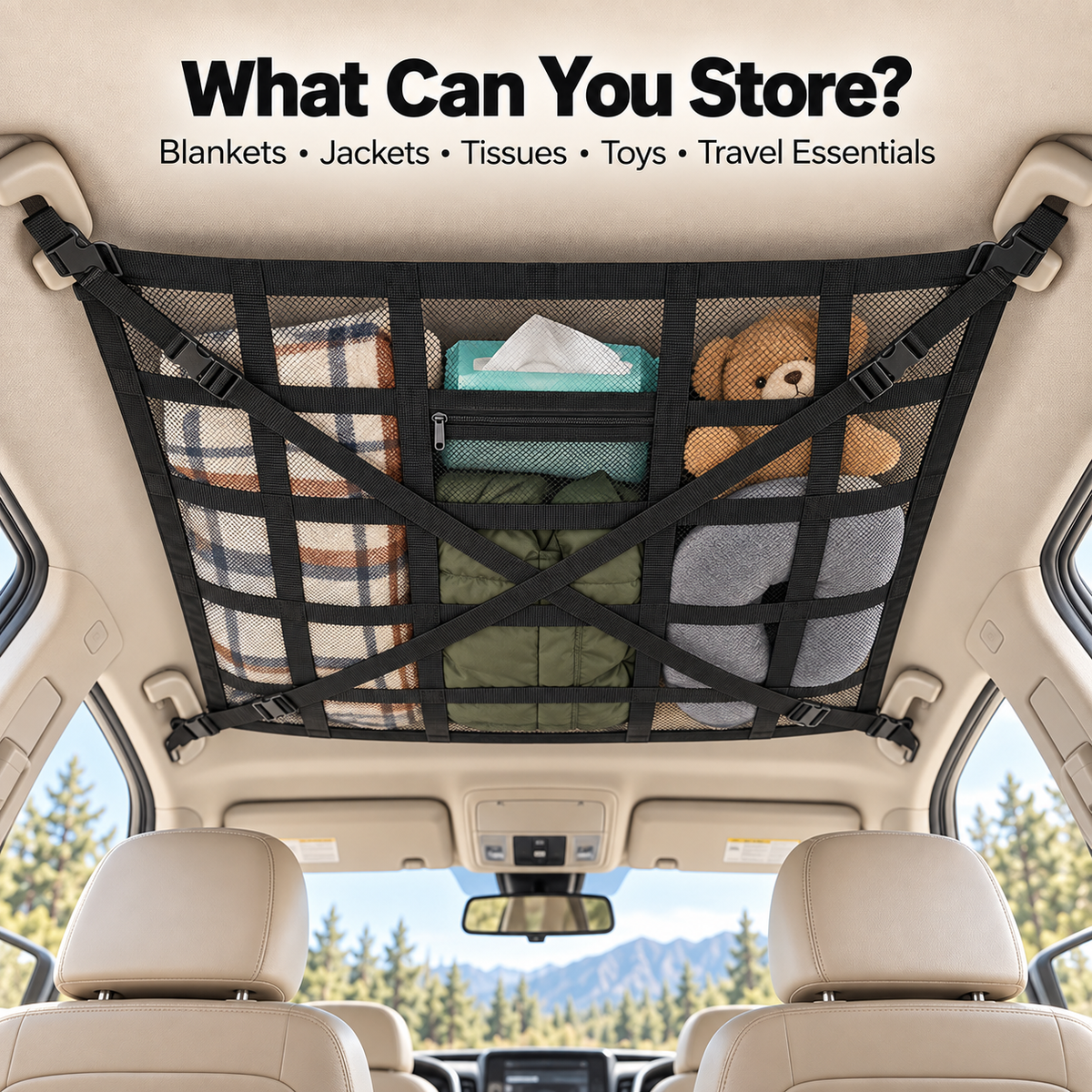 🚙 SkyStow™ Car Ceiling Cargo Net – Overhead Storage Organizer for SUVs & Sedans