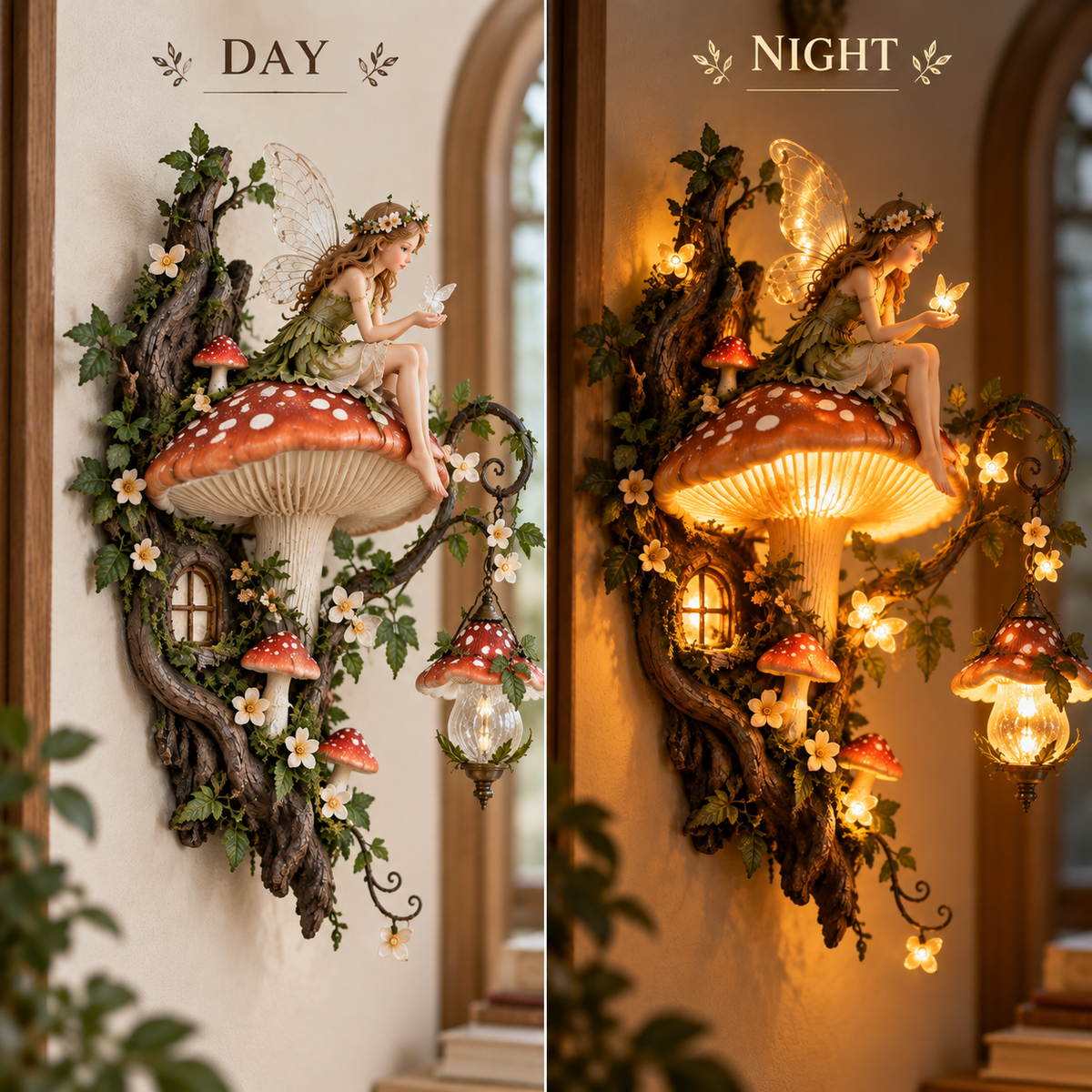 Enchanted Mushroom Fairy Wall Light day and night comparison