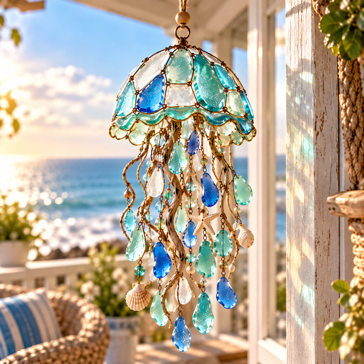 Ocean Jellyfish coastal hanging decor catching sunlight