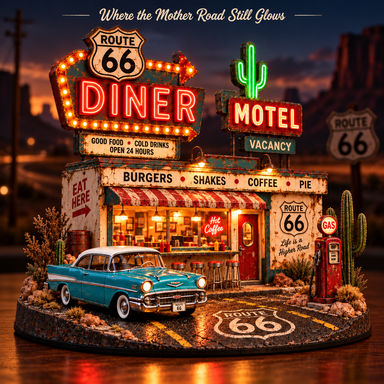 🚗 Route 66 Centennial Neon Diner & Motel™ – Lighted Americana Roadside Collectible