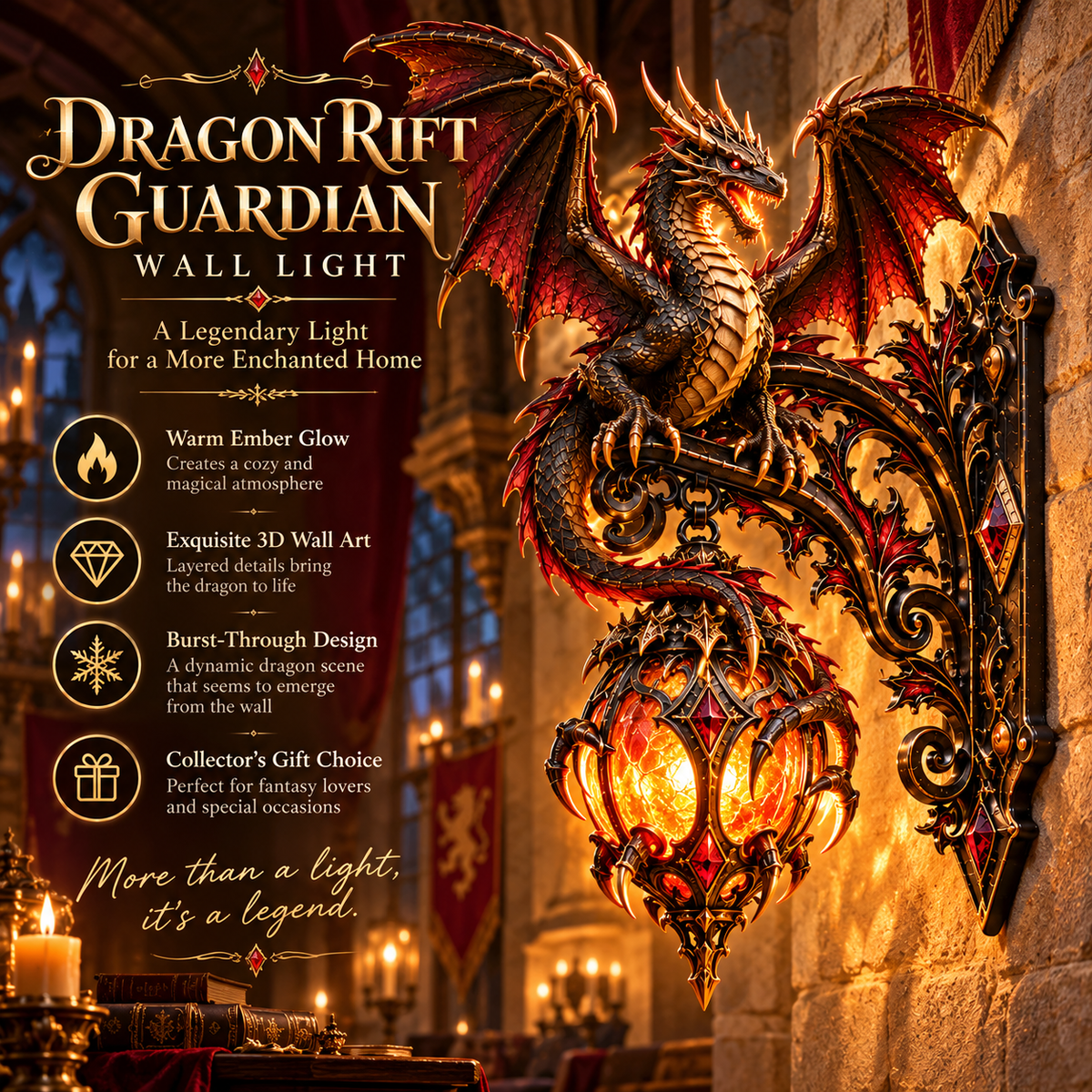 🐉🔥 Dragon Rift Guardian™ Wall Light – Medieval Ember Dragon Sconce