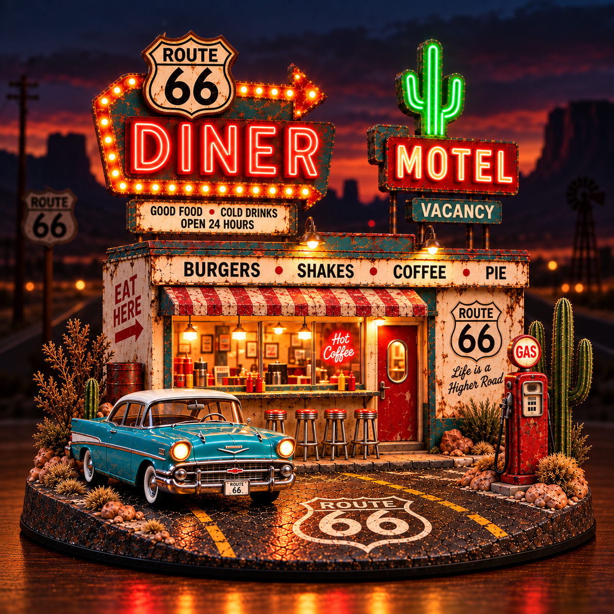 🚗 Route 66 Centennial Neon Diner & Motel™ – Lighted Americana Roadside Collectible
