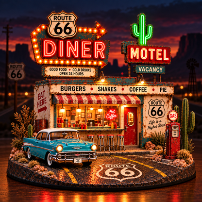 🚗 Route 66 Centennial Neon Diner & Motel™ – Lighted Americana Roadside Collectible