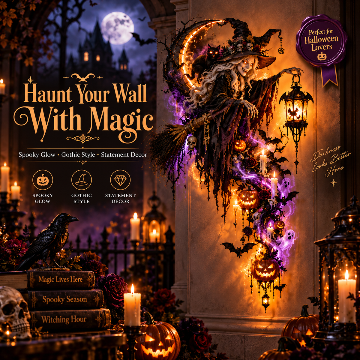 Haunted Witch's Magic Wall Lamp glowing Halloween wall decor