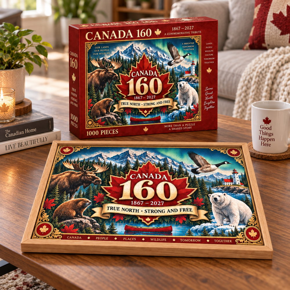 Completed Canada puzzle in wooden frame
