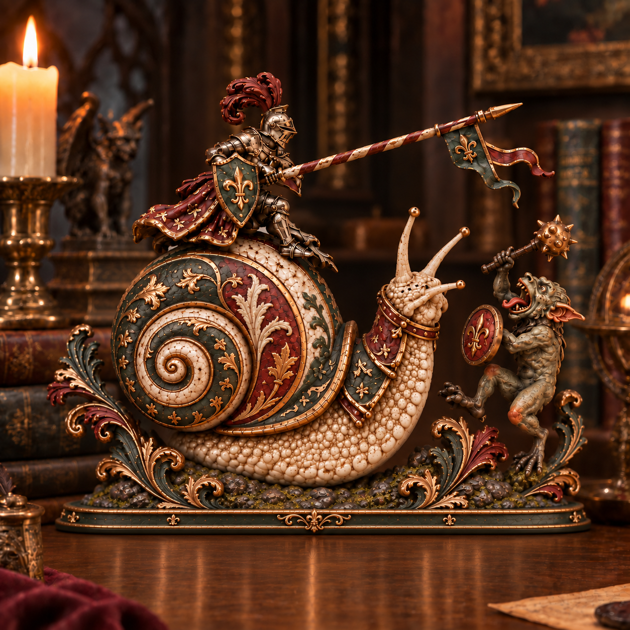 The Snail Knight of the Margins medieval marginalia collector statue