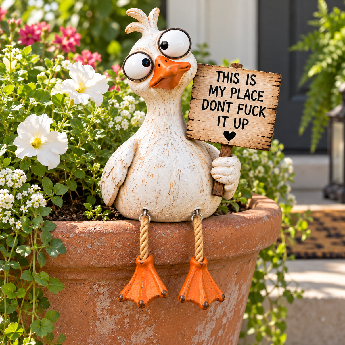 🪿 Sassy Goose Garden Sitter™ – Funny “This Is My Place” Porch & Plant Decor