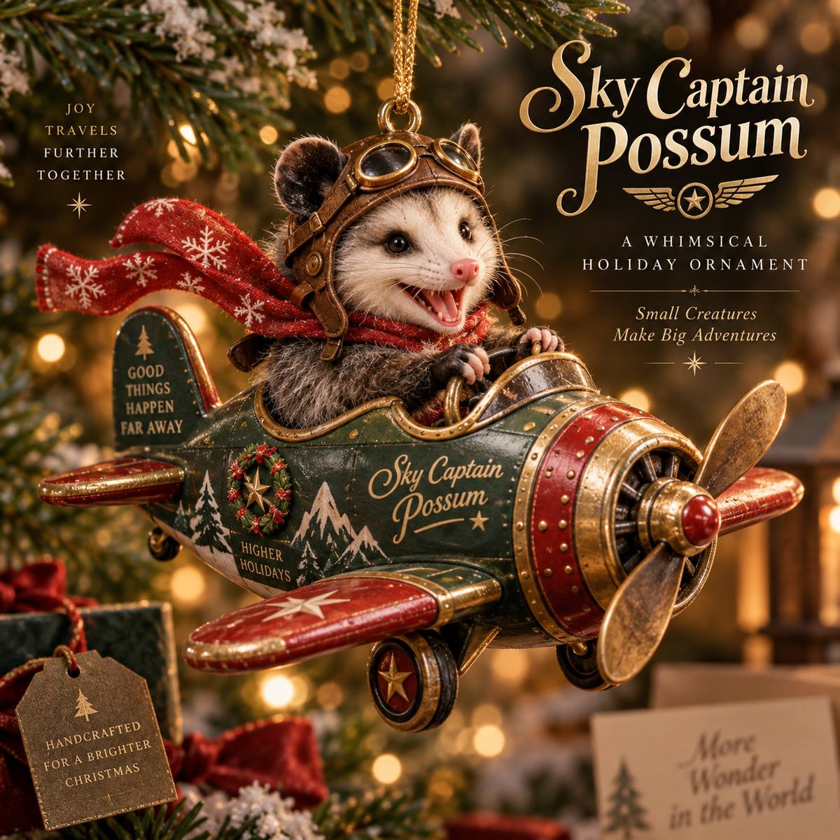 Sky Captain Possum Christmas airplane ornament