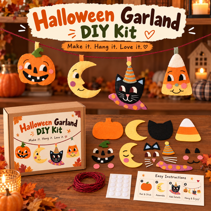 🇺🇸 🎃 Halloween Garland DIY Kit – Cute Felt Craft with Pumpkin, Moon, Black Cat & Candy Corn 🐈‍⬛🌙