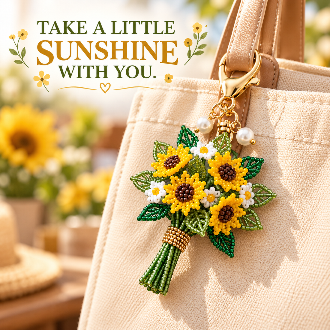 Sunflower beaded bouquet keychain attached to a cream canvas tote bag