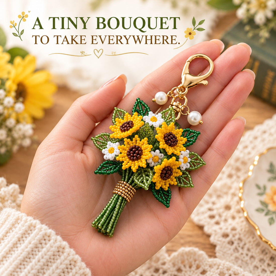 Finished sunflower beaded bouquet keychain displayed in a woman