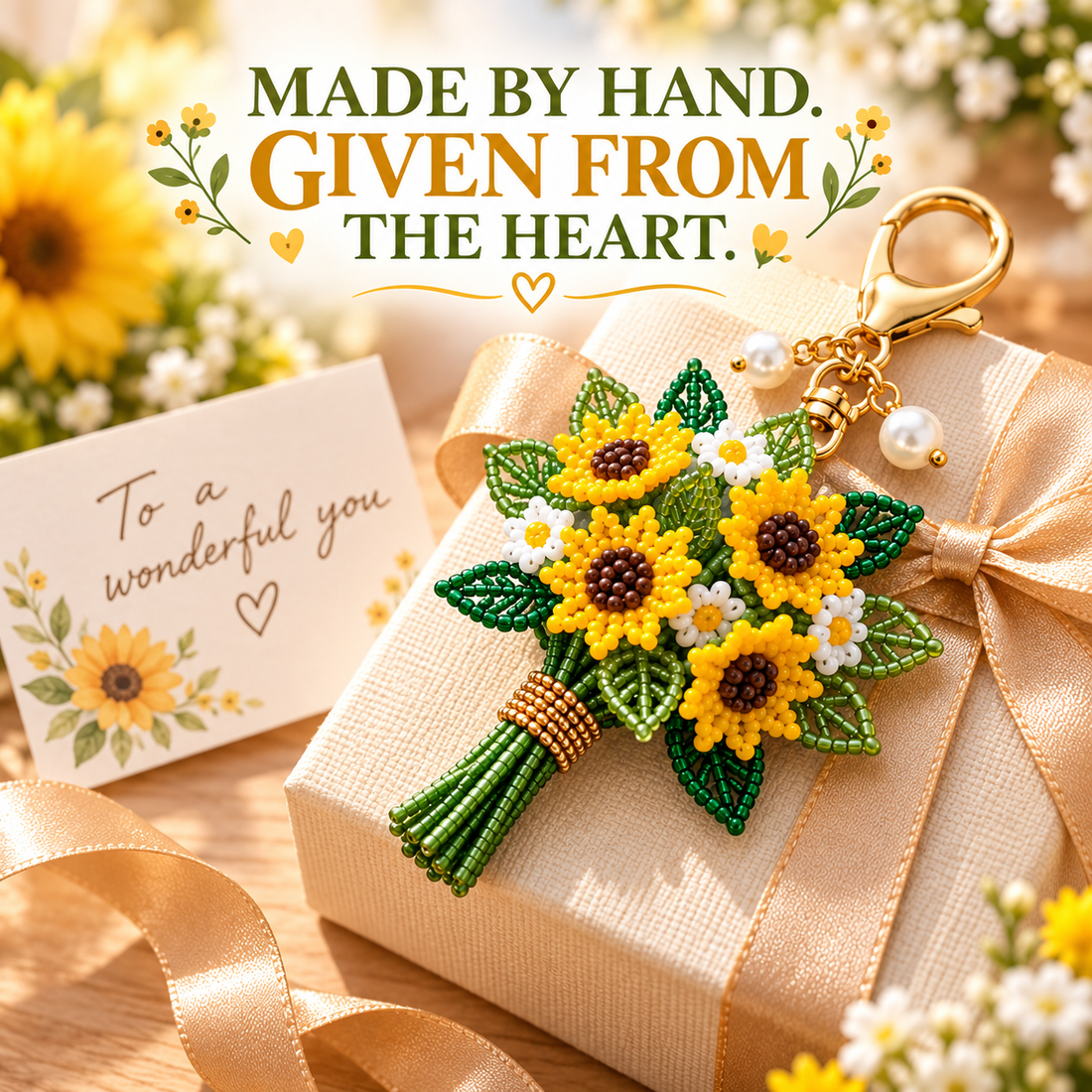 Handmade sunflower bouquet beaded keychain displayed on a wrapped gift