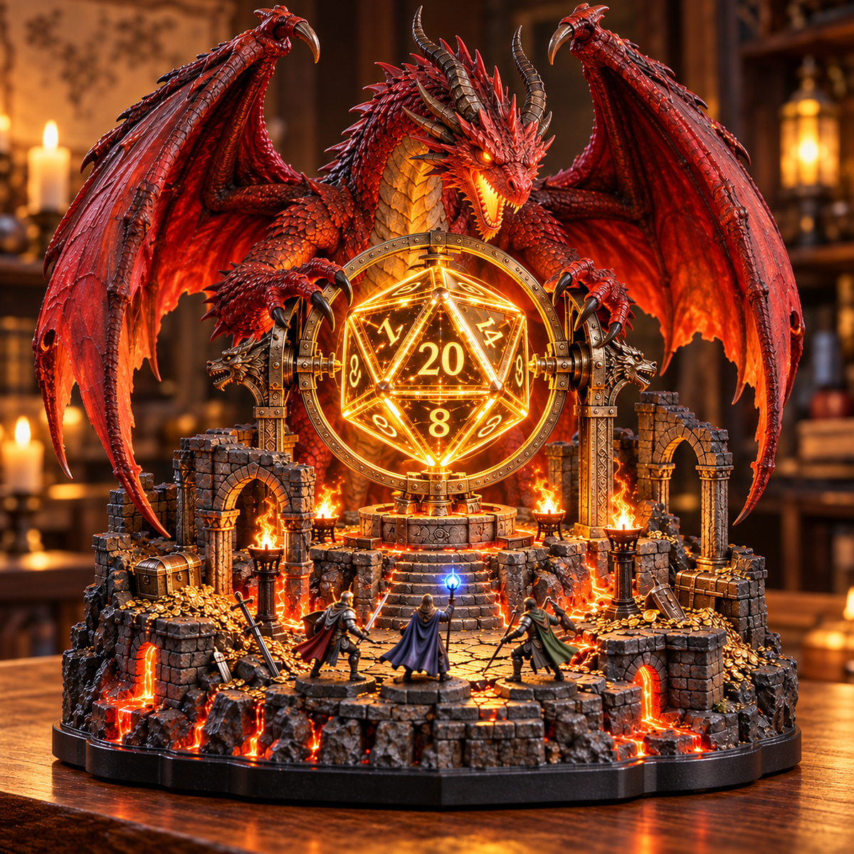 Red dragon with outstretched wings guarding an illuminated twenty-sided die above a fantasy dungeon