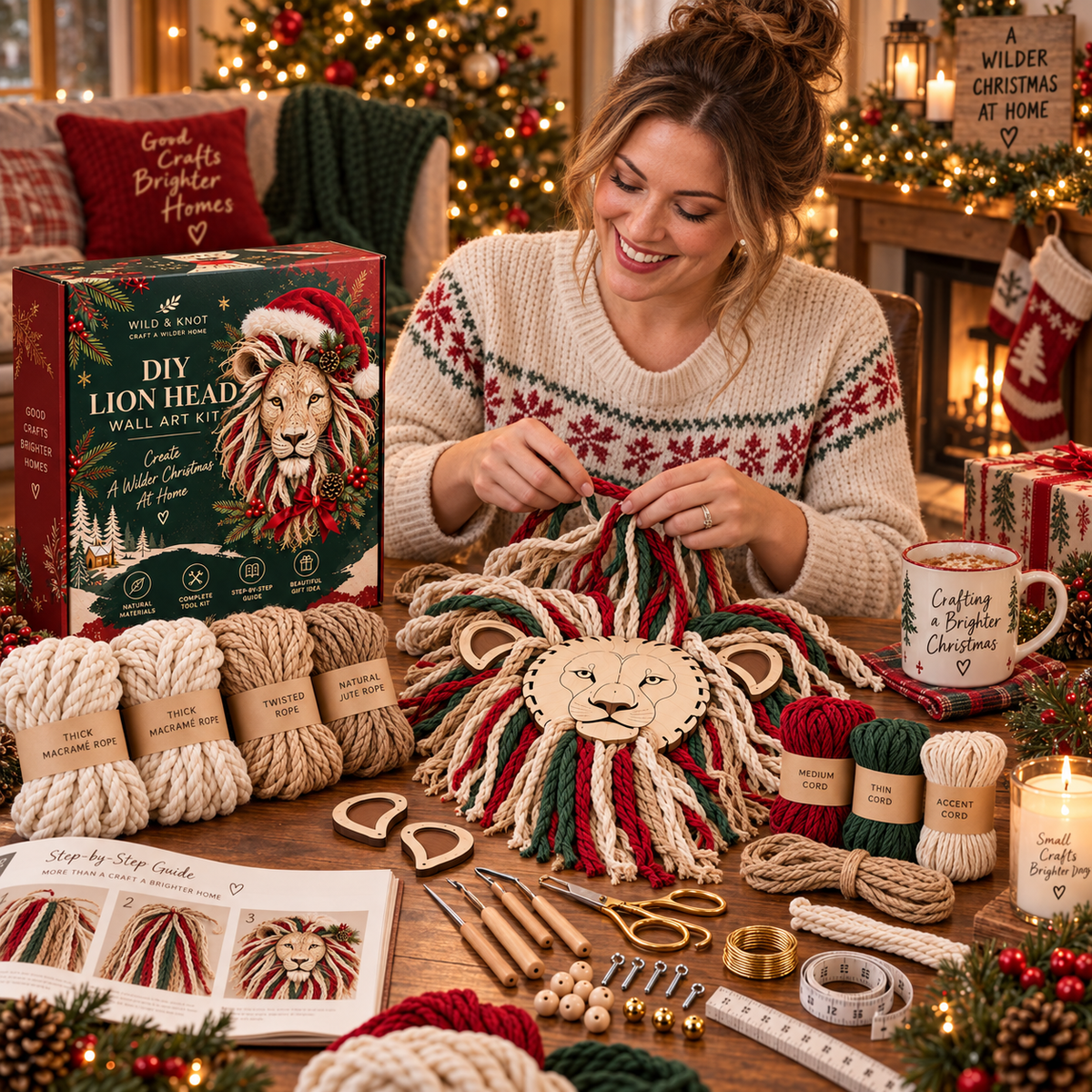🎄🦁 DIY Christmas Lion Head Wall Art Kit – Festive Macramé Craft & Holiday Home Decor