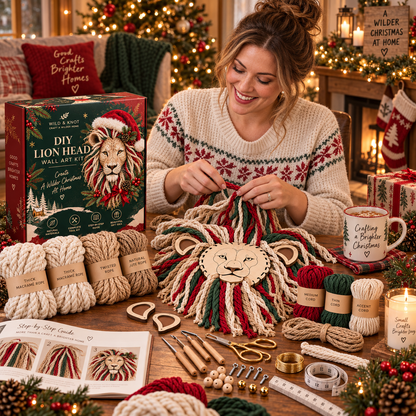 🎄🦁 DIY Christmas Lion Head Wall Art Kit – Festive Macramé Craft & Holiday Home Decor
