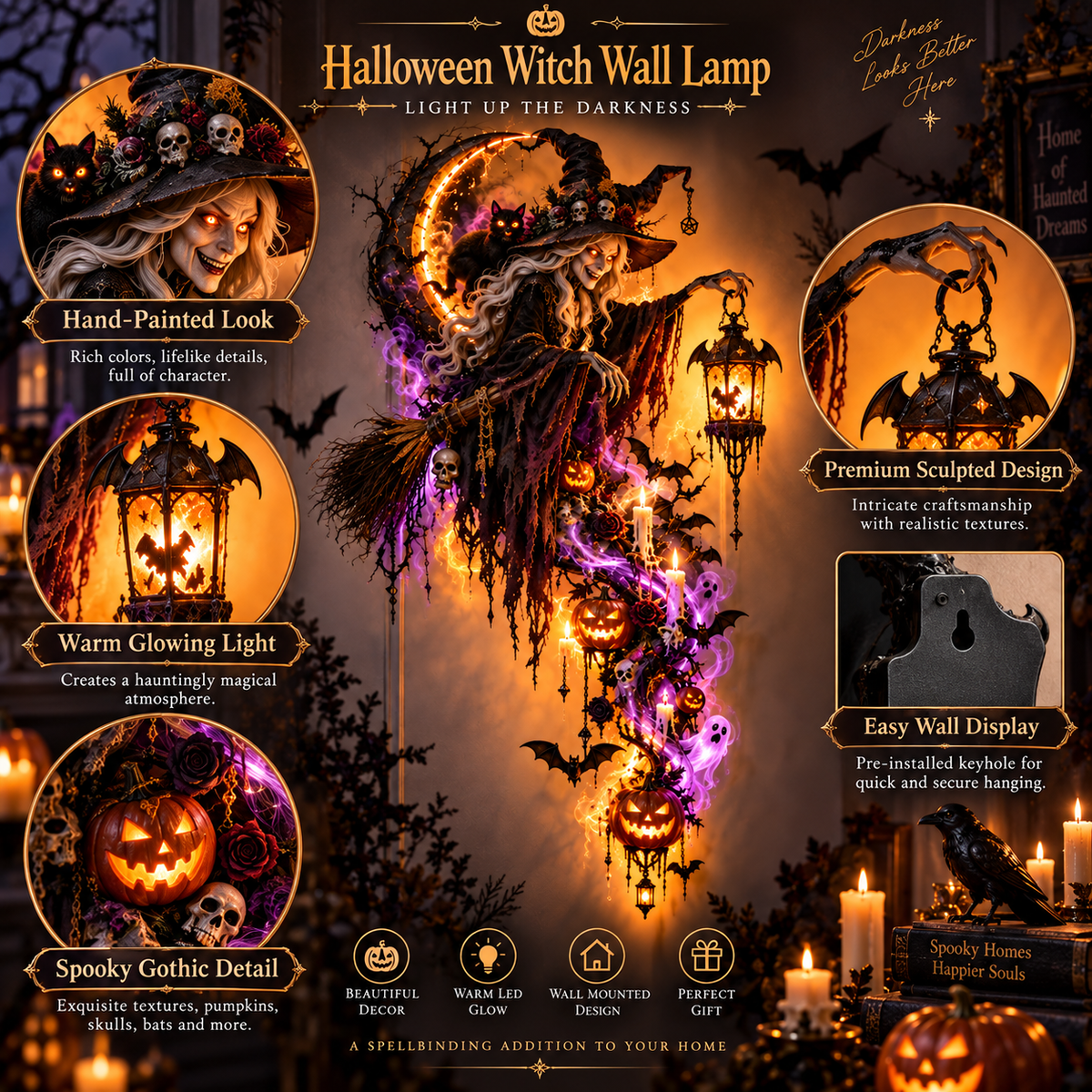 Haunted Witch Wall Lamp sculpted details and wall mounting