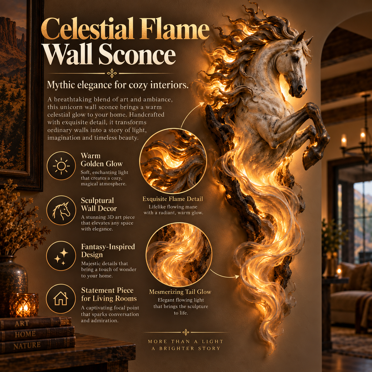Details van de Celestial Flame-eenhoorn als wandlamp