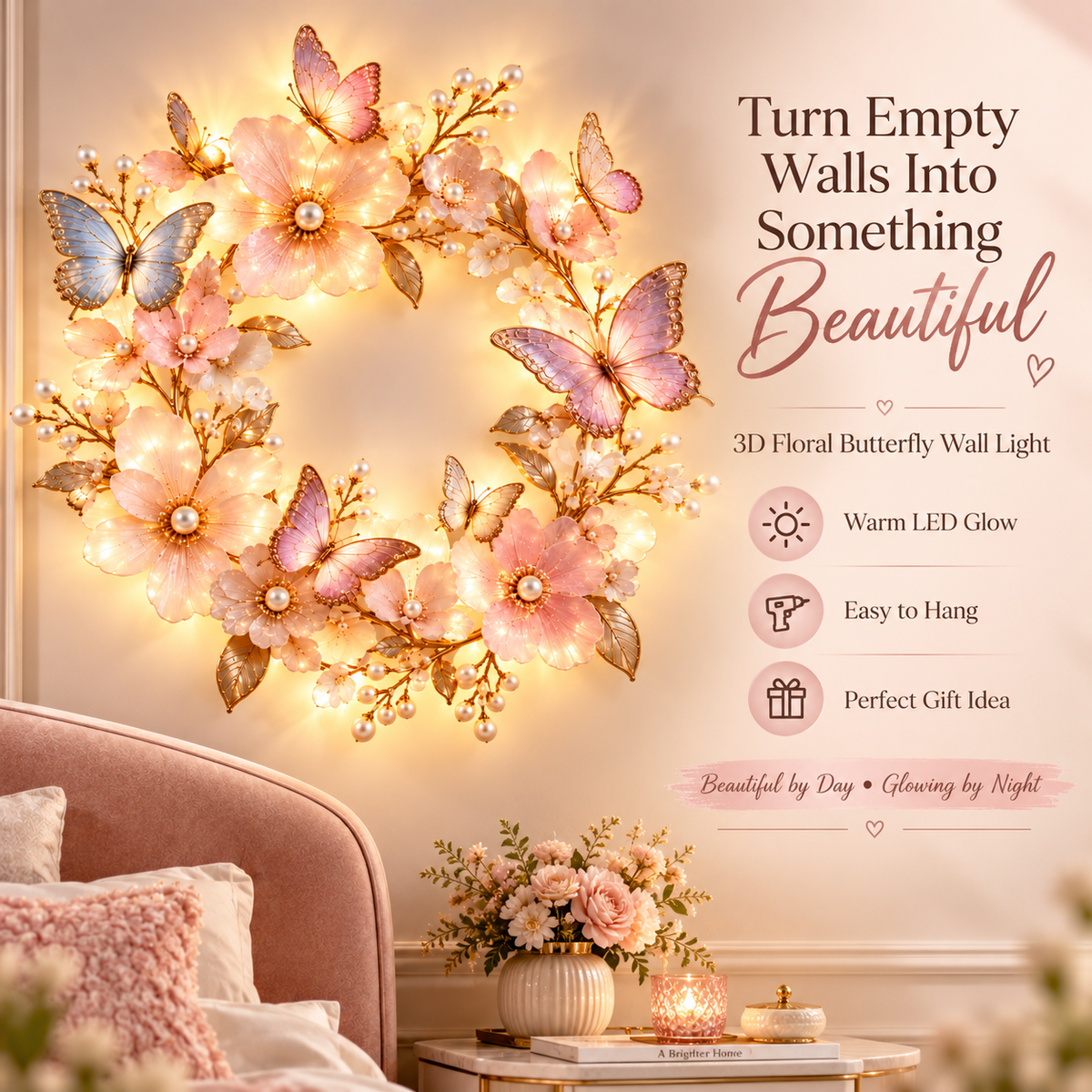 🦋 Butterfly Bloom Halo™ – 3D Floral Butterfly LED Wall Light, Elegant Glowing Wreath Decor for Bedroom & Living Room