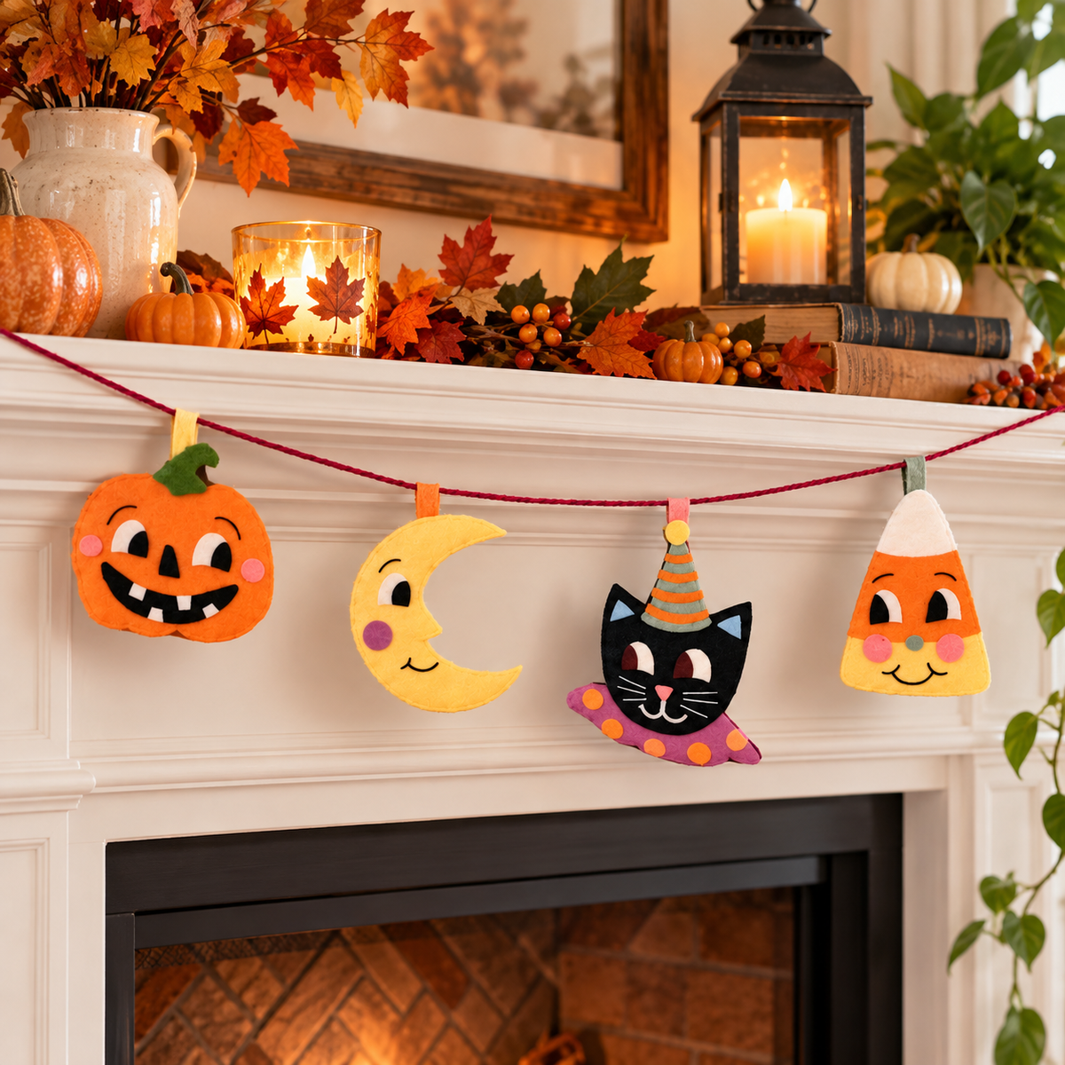 🇺🇸 🎃 Halloween Garland DIY Kit – Cute Felt Craft with Pumpkin, Moon, Black Cat & Candy Corn 🐈‍⬛🌙
