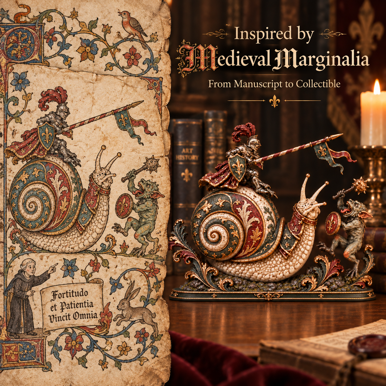 Medieval marginalia manuscript inspiration behind the Snail Knight collectible