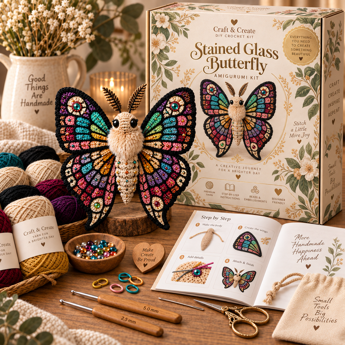 DIY crochet butterfly kit contents