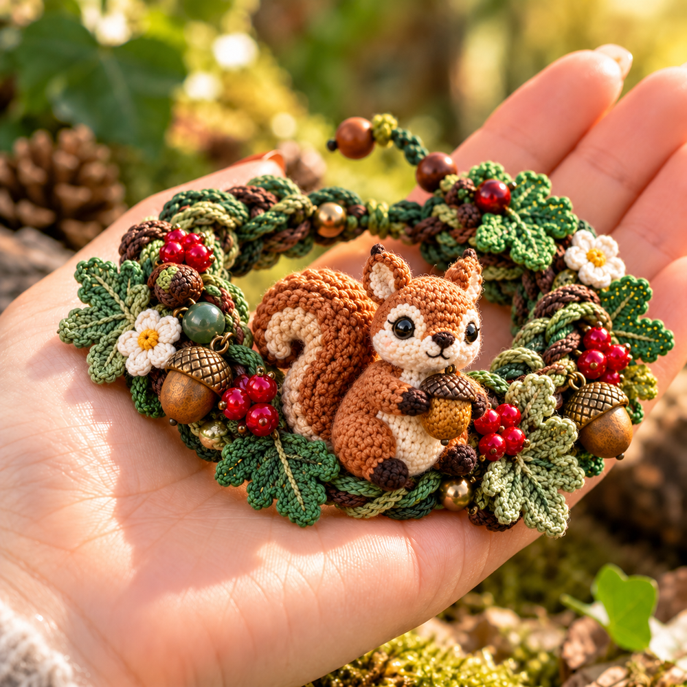Acorn Squirrel woodland crochet bracelet