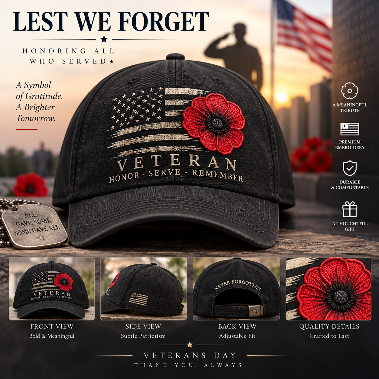 🇺🇸 Veteran Poppy Tribute Cap – Honor • Serve • Remember
