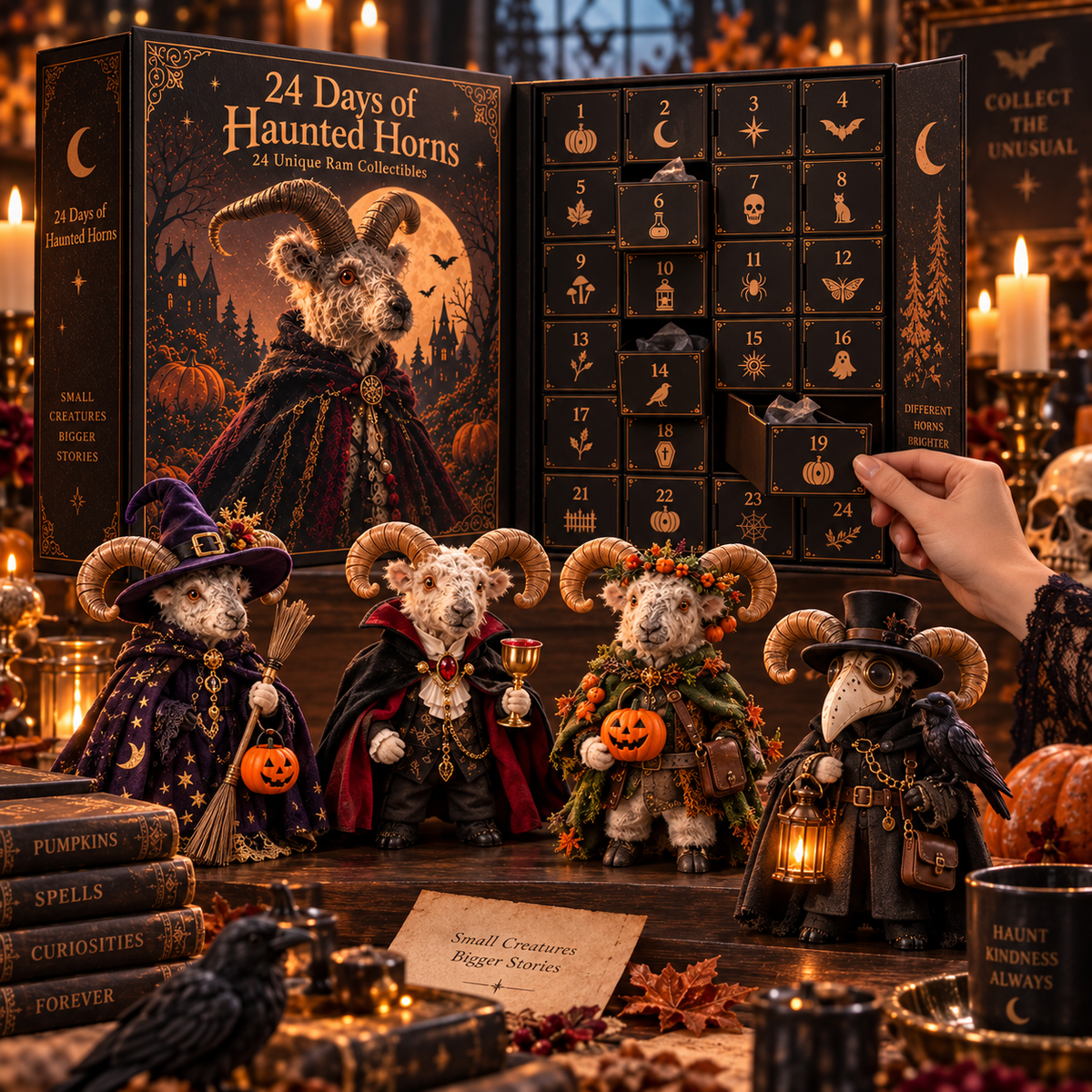 Opening one door of Haunted Horns Halloween calendar