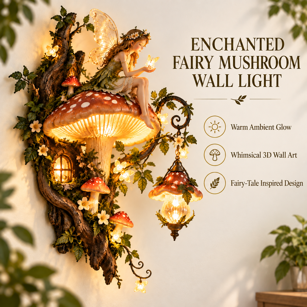 Enchanted Mushroom Fairy Wall Light illuminated details