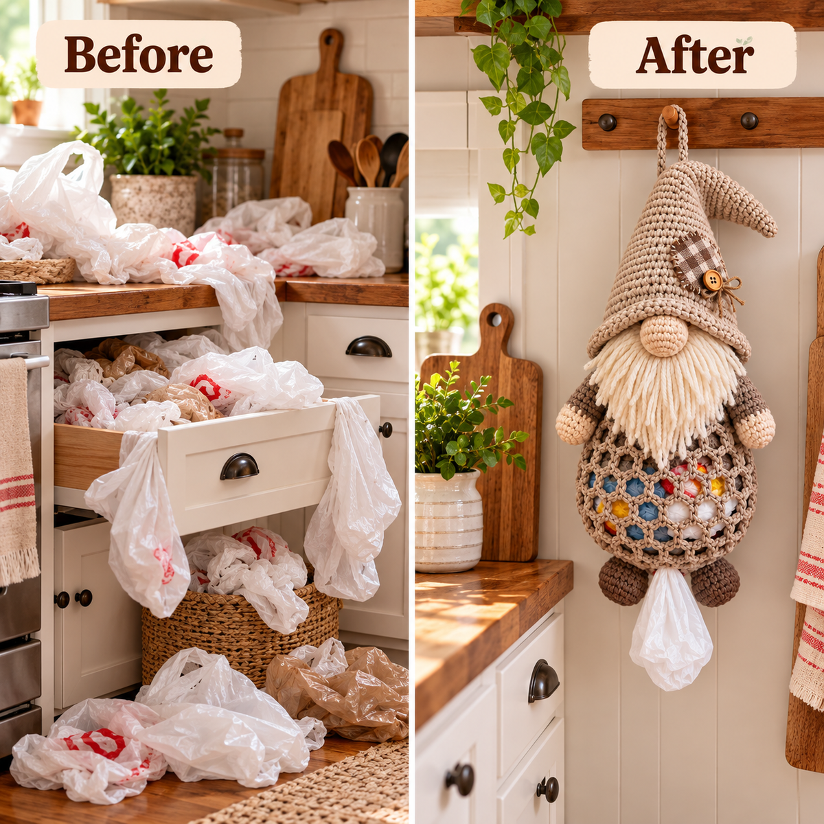 Before and after comparison showing a messy drawer of plastic bags and a finished gnome bag holder