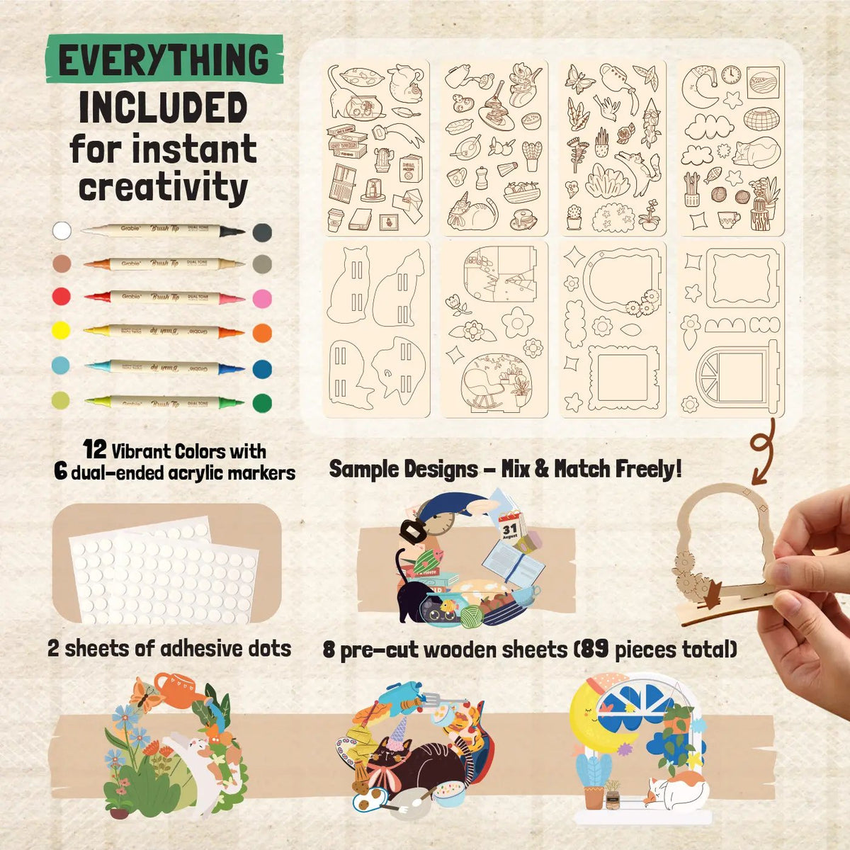 🎨 Beginner-Friendly 2-Collection Wood Painting Craft DIY Kit | Complete Bundle with 195 Pre-Cut Wooden Pieces, 24 Acrylic Colors & Adhesive Dots Included 💕