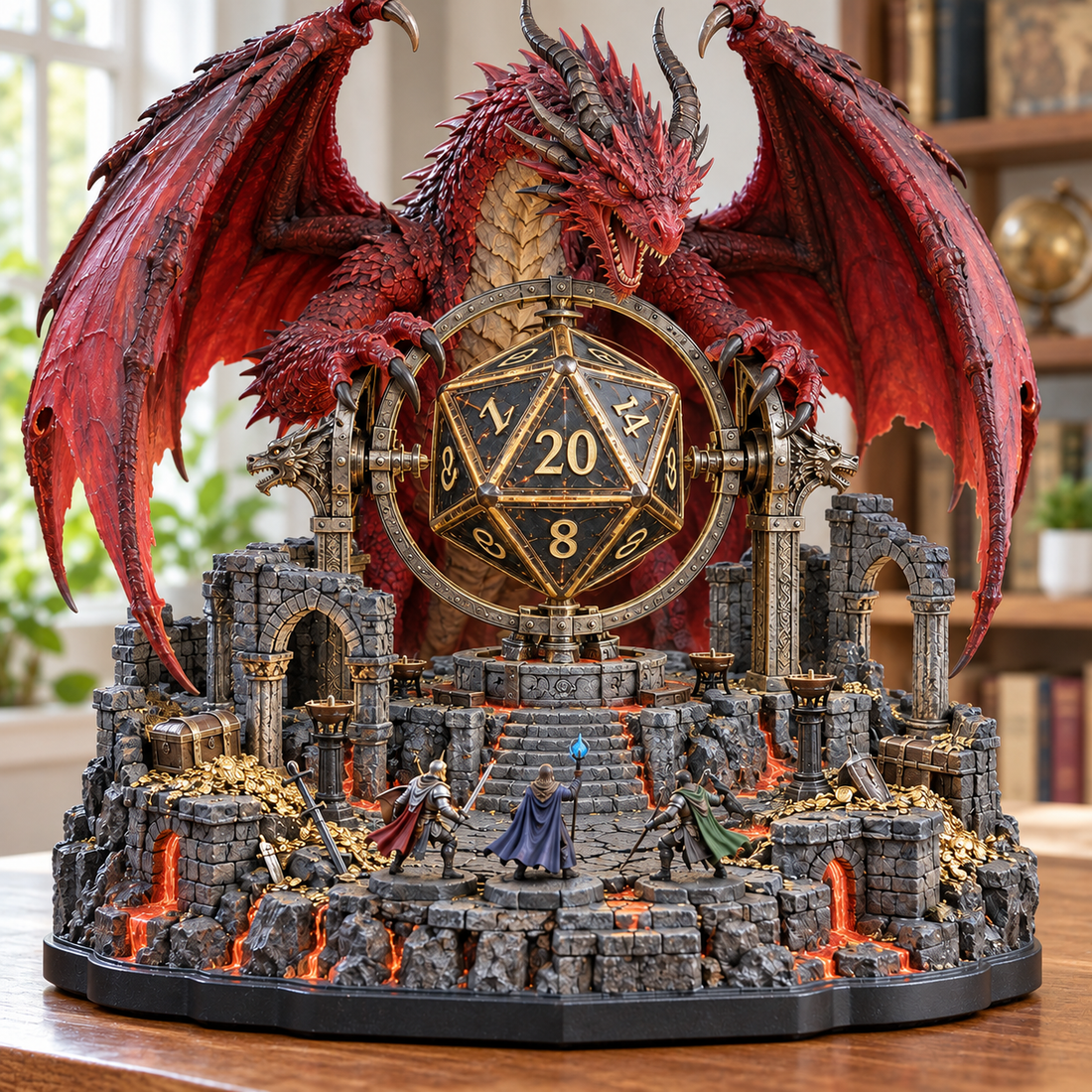 Dragon diorama in natural daylight with an unlit D20 centerpiece