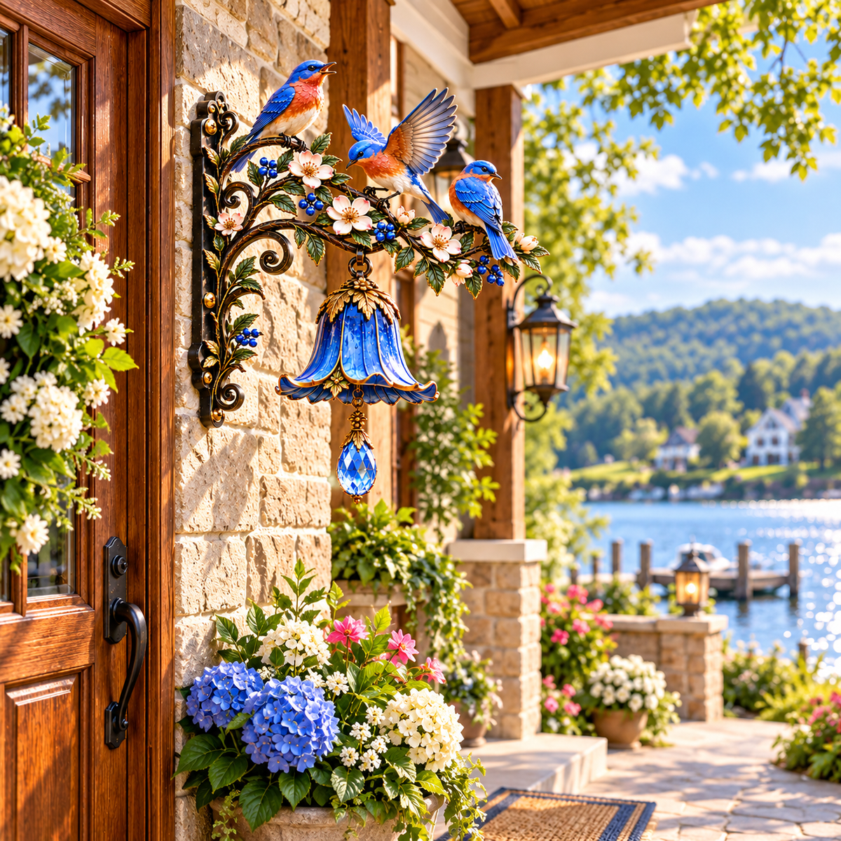 Bluebird Welcome Bell displayed beside a lakeside porch door