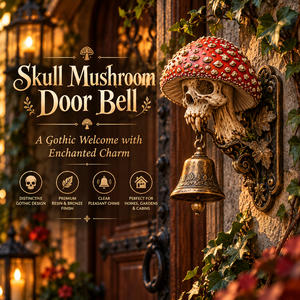 Gothic mushroom skull hanging bell doorway display