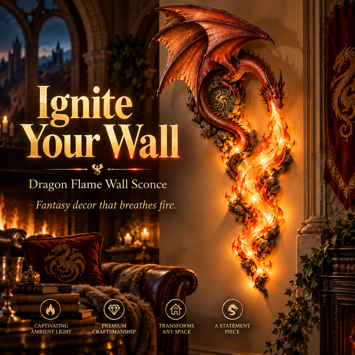 Dragonfire Guardian wall sconce glowing at night