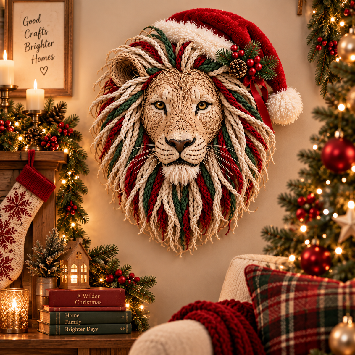 🎄🦁 DIY Christmas Lion Head Wall Art Kit – Festive Macramé Craft & Holiday Home Decor