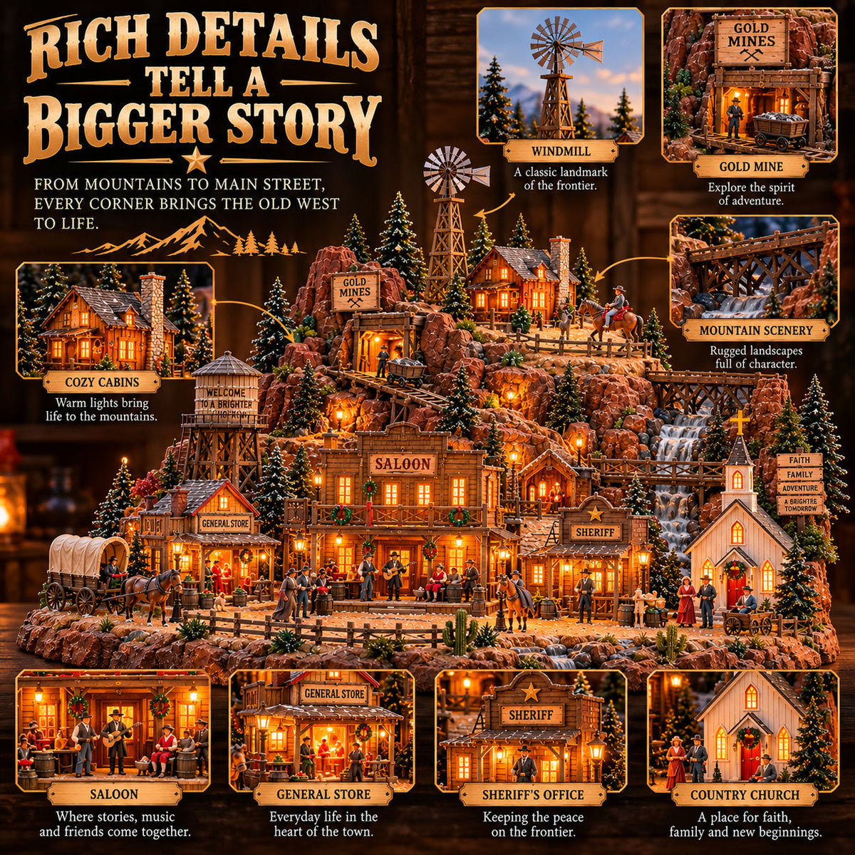 Close-up details of the windmill, gold mine, general store and country church