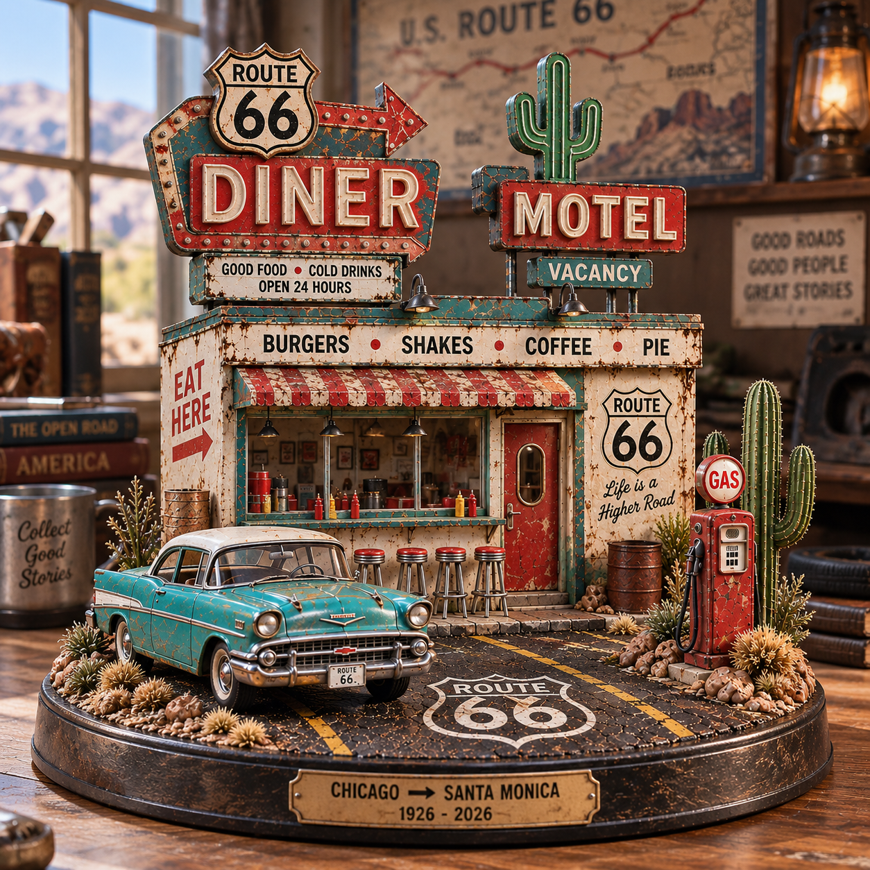 🚗 Route 66 Centennial Neon Diner & Motel™ – Lighted Americana Roadside Collectible