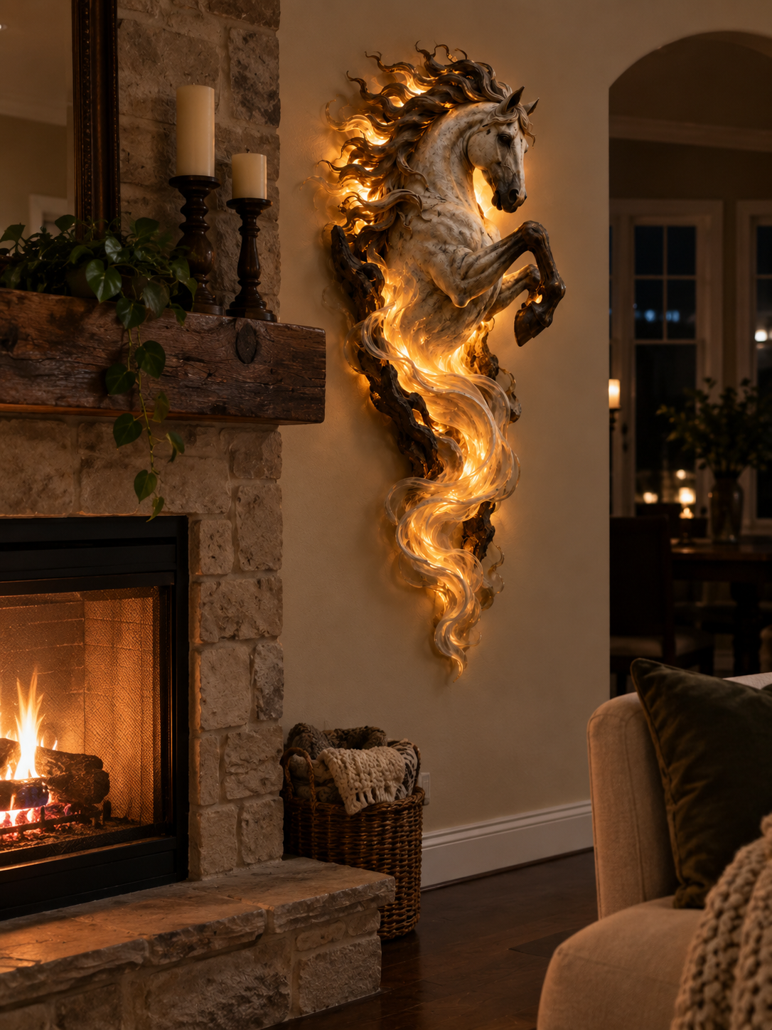 Celestial Flame Unicorn Wall Sculpture glowing beside a fireplace