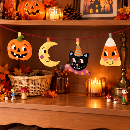🇺🇸 🎃 Halloween Garland DIY Kit – Cute Felt Craft with Pumpkin, Moon, Black Cat & Candy Corn 🐈‍⬛🌙