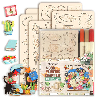 🎨 Beginner-Friendly 2-Collection Wood Painting Craft DIY Kit | Complete Bundle with 195 Pre-Cut Wooden Pieces, 24 Acrylic Colors & Adhesive Dots Included 💕