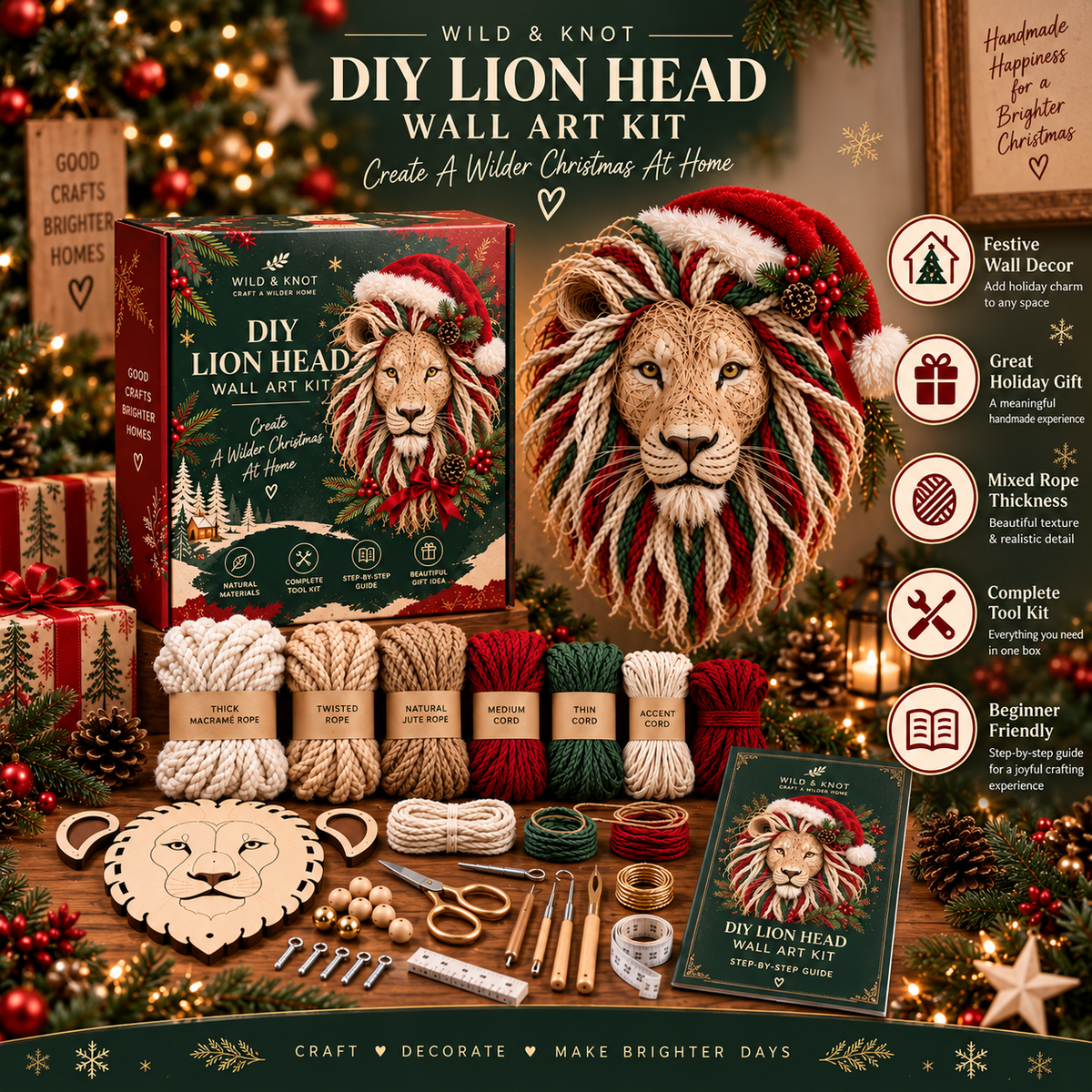 🎄🦁 DIY Christmas Lion Head Wall Art Kit – Festive Macramé Craft & Holiday Home Decor