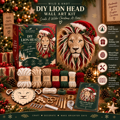 🎄🦁 DIY Christmas Lion Head Wall Art Kit – Festive Macramé Craft & Holiday Home Decor