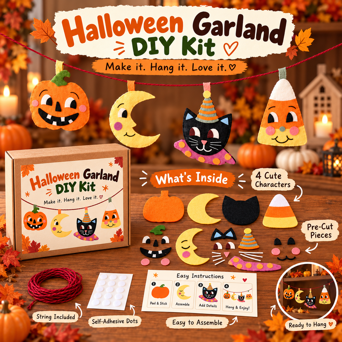 🇺🇸 🎃 Halloween Garland DIY Kit – Cute Felt Craft with Pumpkin, Moon, Black Cat & Candy Corn 🐈‍⬛🌙