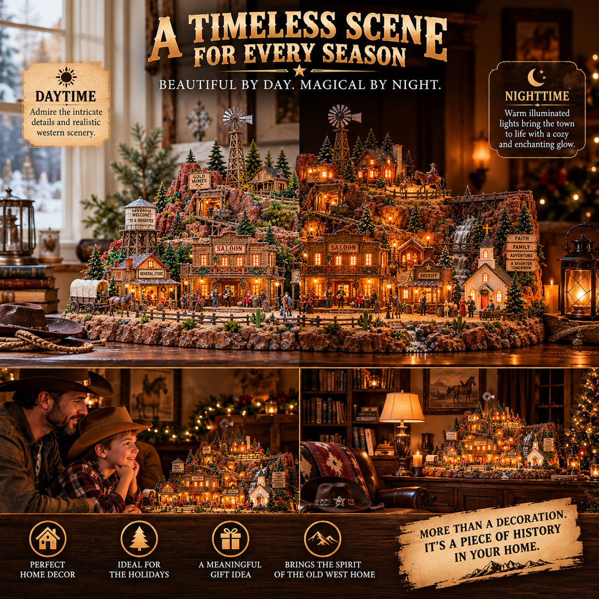 Western miniature village on display in daytime and at night