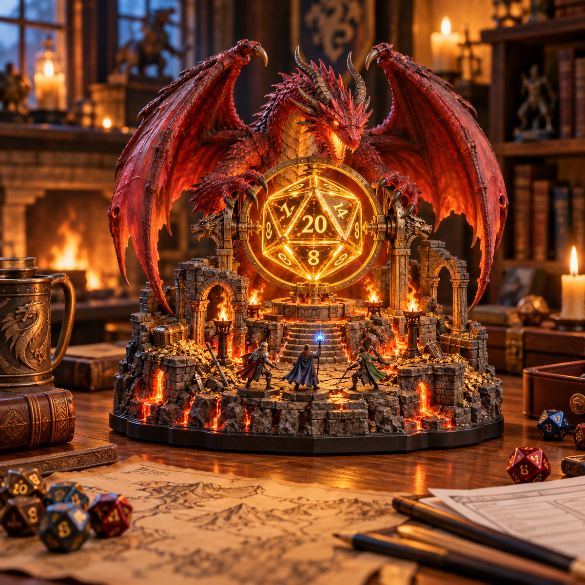 Glowing dragon centerpiece displayed among fantasy tabletop maps, books and gaming dice
