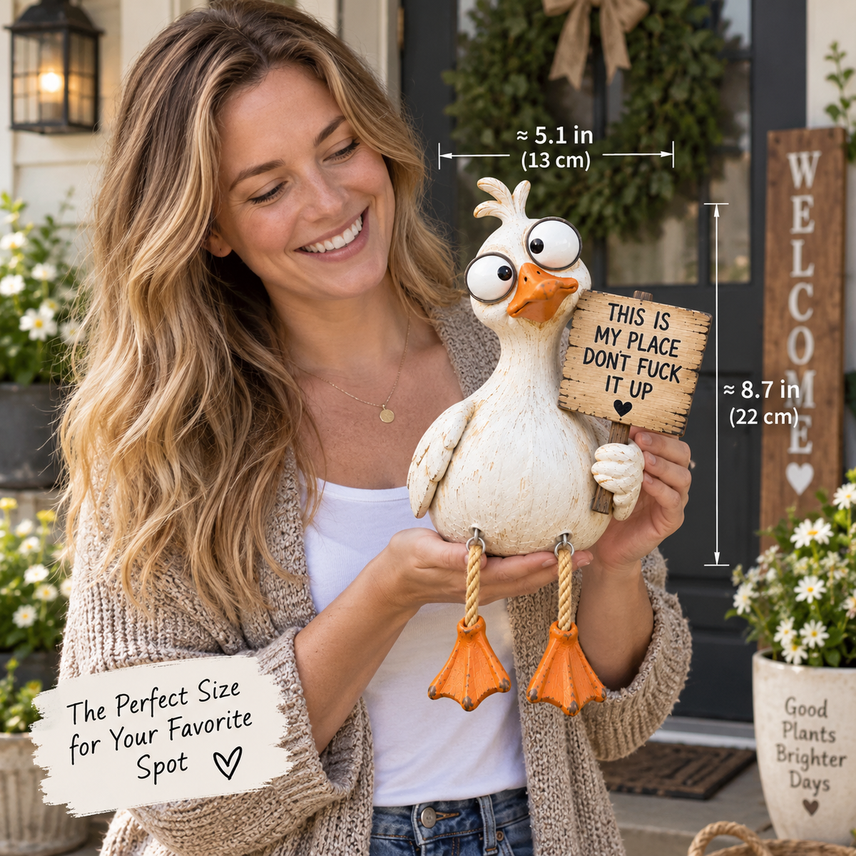 Funny goose decor shown in hand for size reference